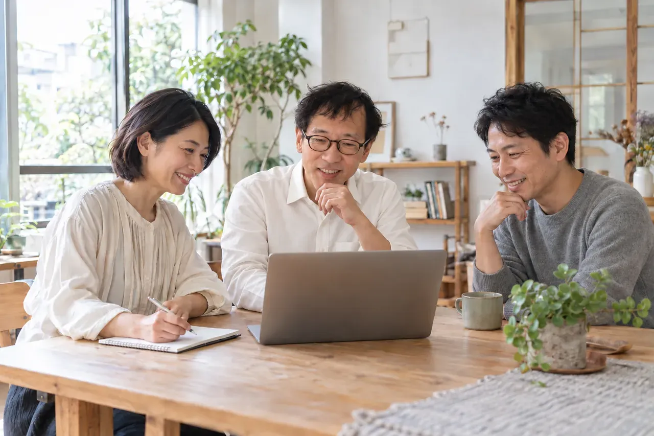 明るい仕事場で、3人がテーブルを囲みパソコンとノートを見ながら学ぶイメージ