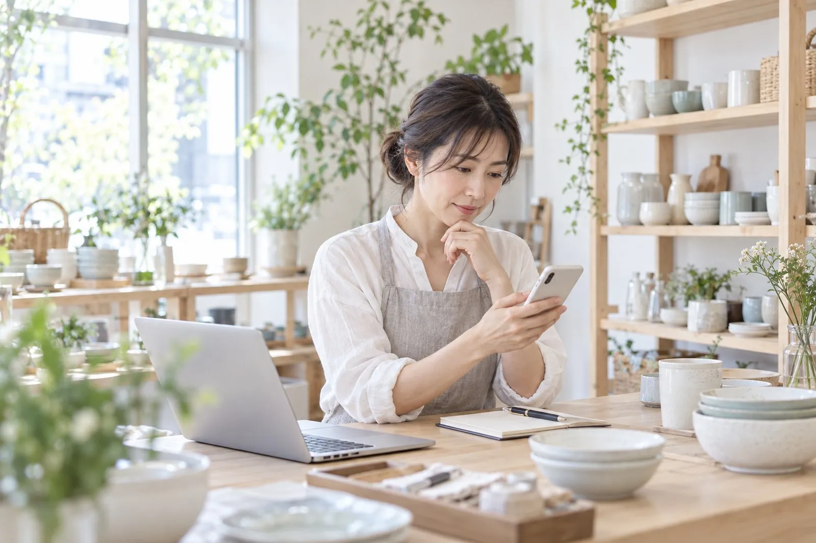 小さな店舗で問い合わせを確認する女性店主