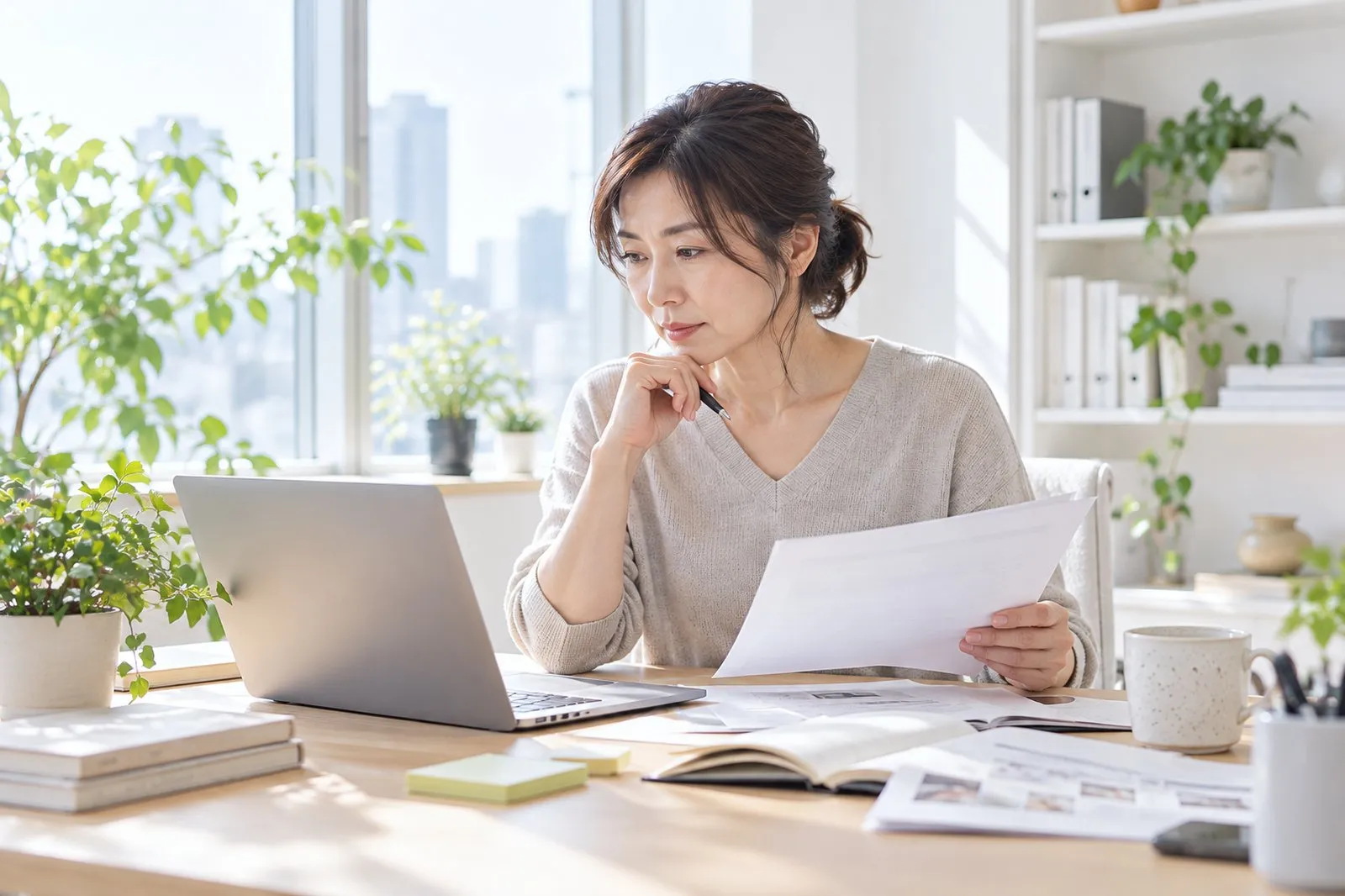 一人事務所で発信内容の素材を確認する女性