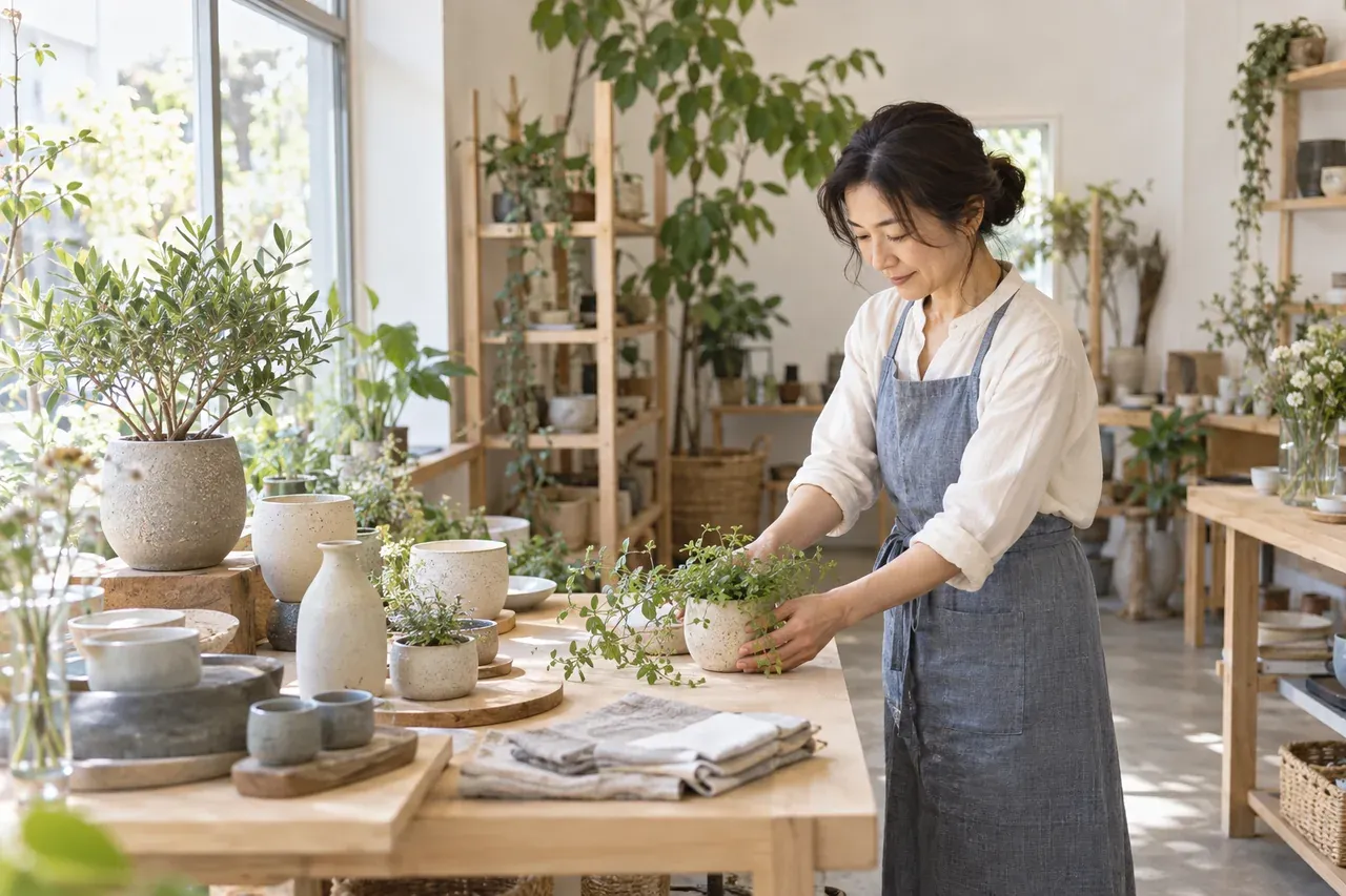 自然光の入るお店で、店主が植物や商品を丁寧に整えるイメージ