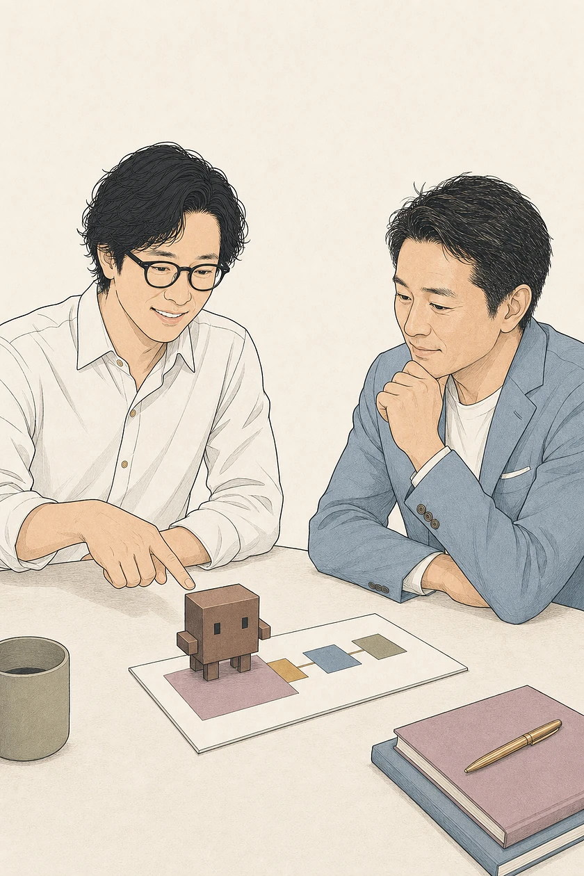 AIツールを業務のどこで使うか相談しながら見極める様子を描いたイラスト