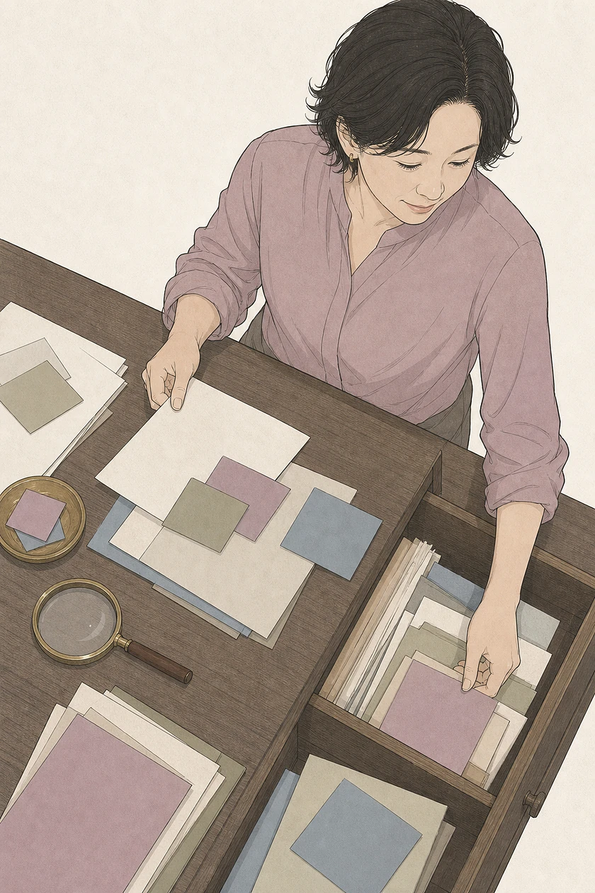 机に散らばった資料やメモを探し直す様子を描いたイラスト