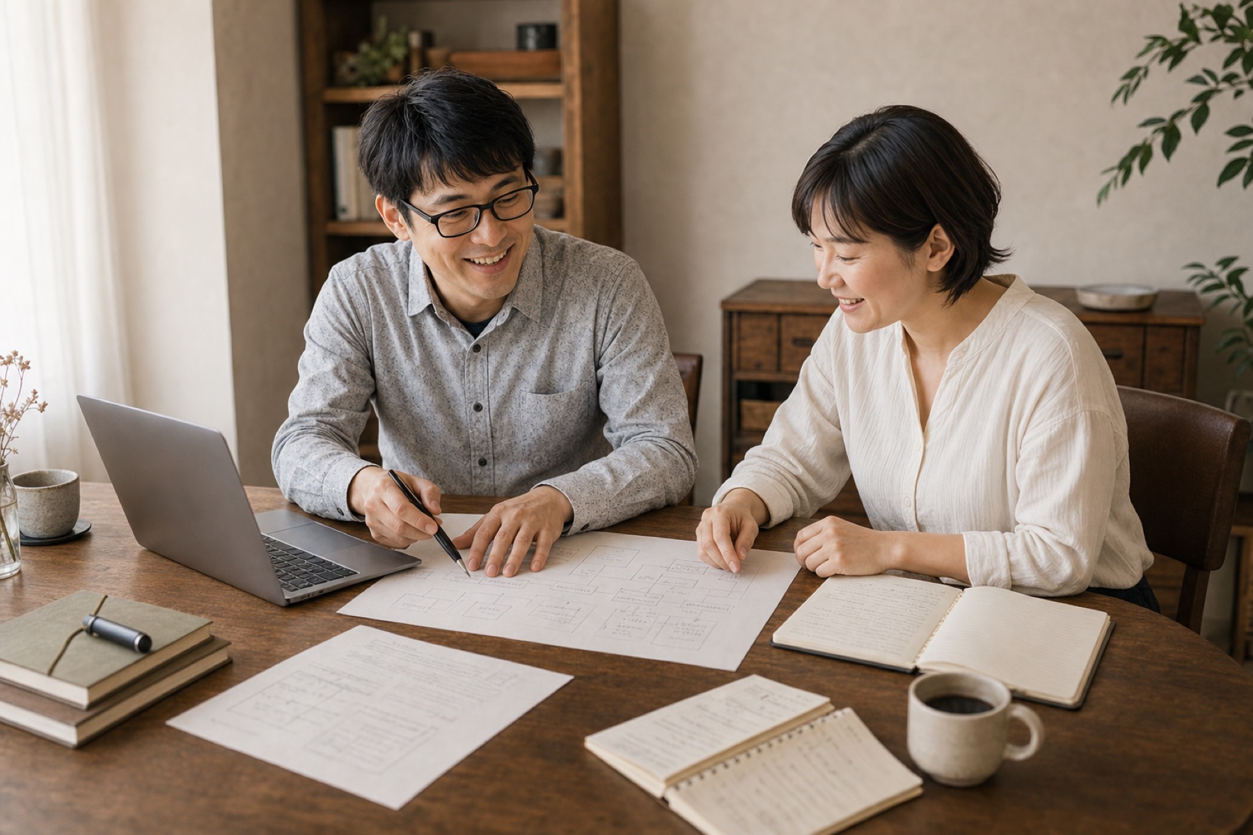 ながたくと相談者が木のテーブルで業務フローを一緒に整理する様子
