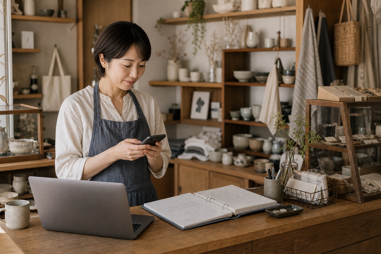 店舗の実務で新しい仕組みを試す様子