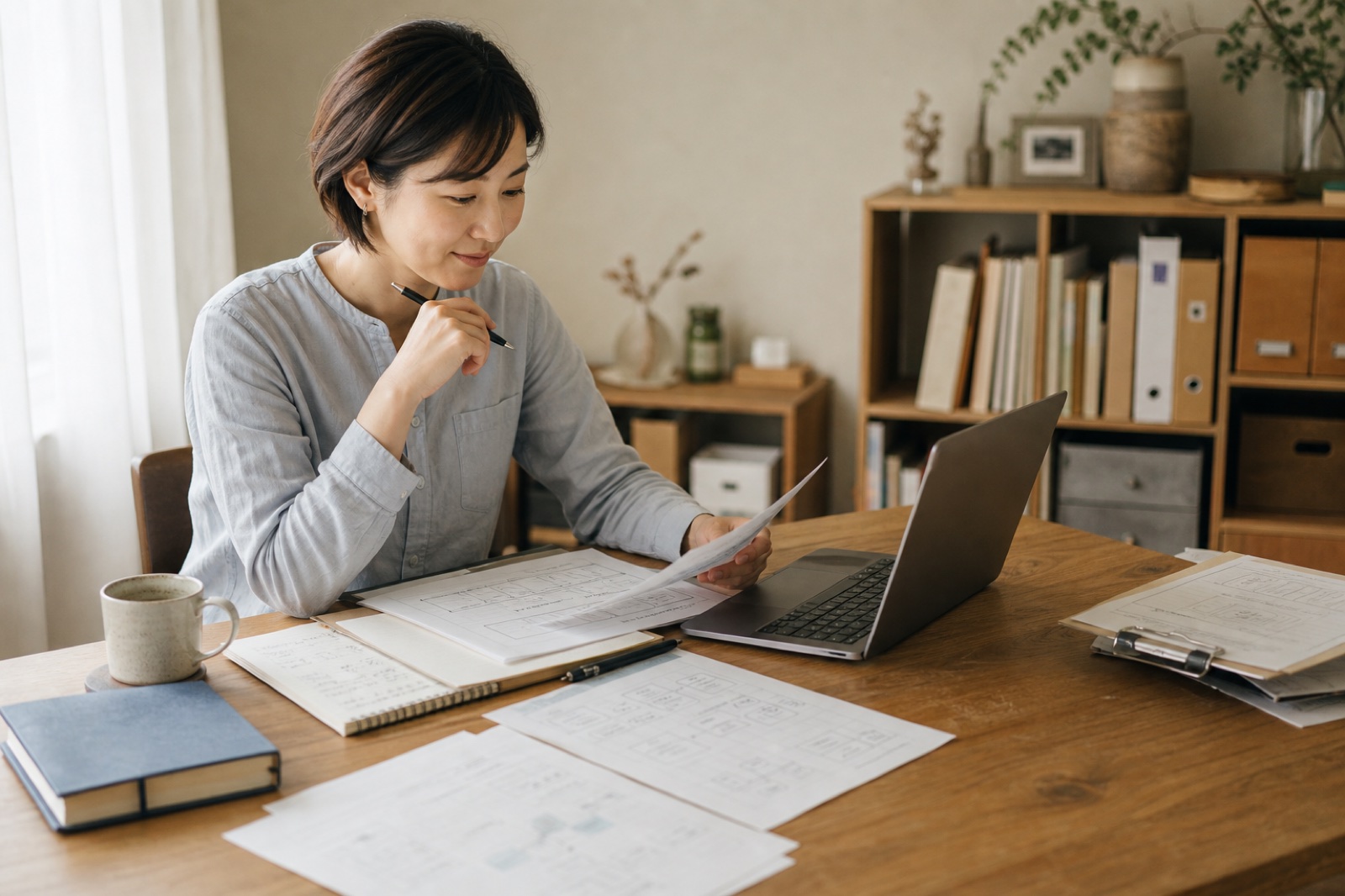 一人で資料と仕事の流れを確認する様子